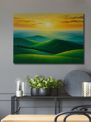 Altın Şafak Yağlı Boya Görünümlü Yeşil Tepe Manzarası Ev/işyeri/ofis/salon Ahşap Dekoratif Tablo