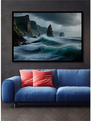 Çerçeve Görünümlü Muhteşem Fırtına Deniz Manzarası Yağlı Boya Görünümlü Ahşap Ofis Kare Tablo
