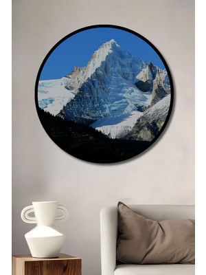 Çerçeve Görünümlü Buzul Dağı Zirvesi Yağlı Boya Görünümlü Dekoratif Ahşap Ofis Yuvarlak Tablo