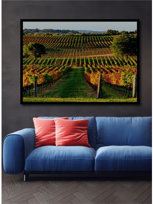 Çerçeve Görünümlü Sonbahar Renkleri ile Üzüm Bağları Yağlı Boya Görünümlü Ahşap Ofis Kare Tablo