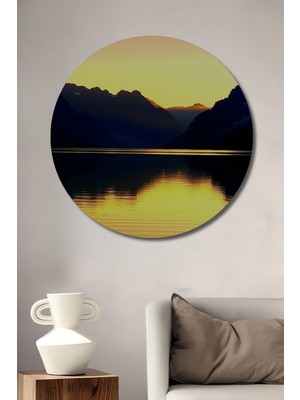 Altın Yansıma Dağ Manzarası Yağlı Boya Görünümlü Dekoratif Ahşap Ev/işyeri/ofis Yuvarlak Tablo