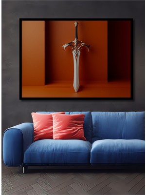 Çerçeve Görünümlü Altın Detaylı Fantastik Kılıç Dekoratif Ahşap Ev/işyeri/ofis Kare Tablo