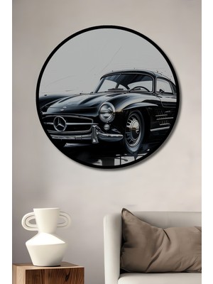 Çerçeve Görünümlü Mercedes 300SL Yağlı Boya Görünümlü Sanat Ofis Dekoratif Ahşap Yuvarlak Tablo