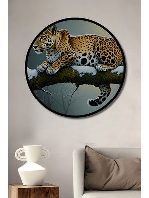 Çerçeve Görünümlü Kar Leoparı Karda Yağlı Boya Görünümlü Işyeri/ofis Dekoratif Ahşap Yuvarlak Tablo