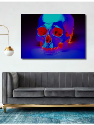 Neon Işıklar Altında Kafatası Yağlı Boya Görünümlü Dekoratif Ahşap Ev/işyeri/ofis Kare Tablo