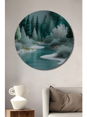 Buz Mavi Orman Sulu Boya Görünümlü Dekoratif Ahşap Ev/işyeri/ofis Yuvarlak Tablo