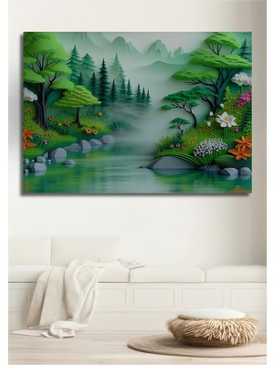 Yeşil Huzurlu Göl Manzarası Kağıt Sanatı Dekoratif Ahşap Ev/işyeri/ofis Kare Tablo