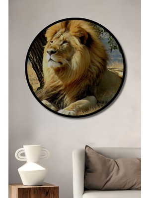 Çerçeve Görünümlü Aslanın Görkemli Bakışı Yağlı Boya Görünümlü Dekoratif Ahşap Ofis Yuvarlak Tablo