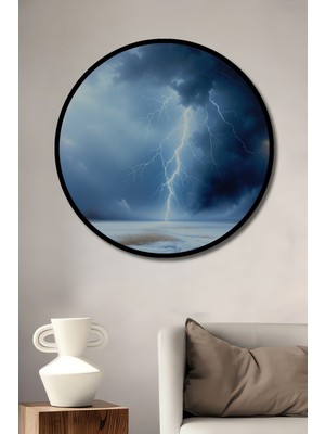 Çerçeve Görünümlü Fırtına Esintili Kış Manzarası Yağlı Boya Görünümlü Ahşap Ofis Yuvarlak Tablo