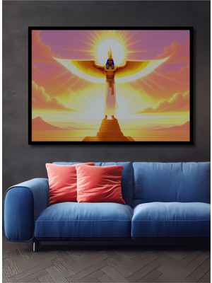 Çerçeve Görünümlü Ra Gunes Tanrısı Yağlı Boya Görünümlü Dekoratif Ahşap Ev/işyeri/ofis Kare Tablo