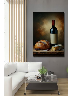 Şarap Peynir Ekmek Üzüm Yağlı Boya Görünümlü Dekoratif Ahşap Ev/işyeri/ofis Kare Tablo