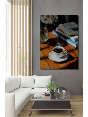 Buharlı Kahve Kitap ve Papatyalar Dekoratif Ahşap Ev/işyeri/ofis Kare Tablo