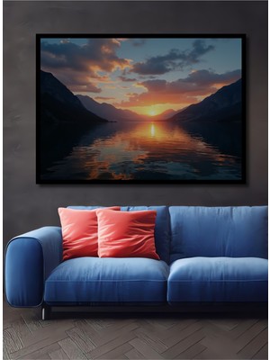 Çerçeve Görünümlü Gün Batımı Göl Manzaralı Yağlı Boya Görünümlü Dekoratif Ahşap Ofis Kare Tablo