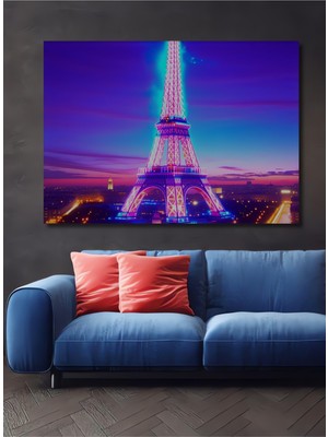 Neon Işıltılı Eyfel Kulesi Yağlı Boya Görünümlü Dekoratif Ahşap Ev/işyeri/ofis Kare Tablo