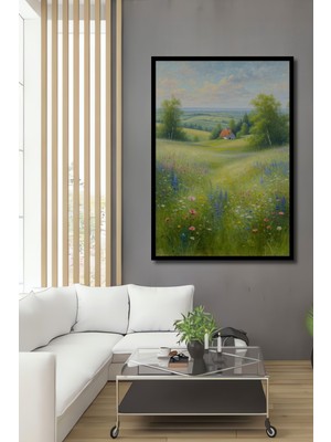 Çerçeve Görünümlü Pastel Boya Görünümlü Çiçek Tarlası Klasik Sanat Manzarası Salon Mdf Tablo