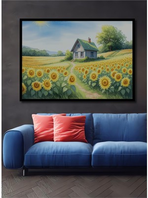 Çerçeve Görünümlü Sonsuz Ayçiçeği Tarlası Sulu Boya Görünümlü Dekoratif Ahşap Ofis Kare Tablo
