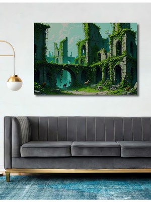 Yeşilin Dansı Antik Şato Yağlı Boya Görünümlü Dekoratif Ahşap Ev/işyeri/ofis Kare Tablo