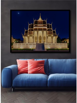 Çerçeve Görünümlü Muhteşem Tayland Tapınağı Yağlı Boya Görünümlü Dekoratif Ahşap Ofis Kare Tablo