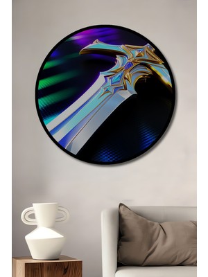 Çerçeve Görünümlü Göz Alıcı Mavi Altın Kılıç Yağlı Boya Görünümlü Ahşap Ofis Yuvarlak Tablo