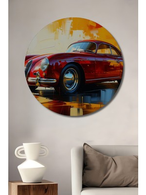 Kırmızı Porsche Yağlı Boya Görünümlü Dekoratif Ahşap Ev/işyeri/ofis Yuvarlak Tablo