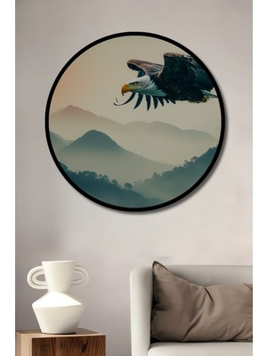 Çerçeve Görünümlü Uçan Kartal Dağ Manzarası Sulu Boya Görünümlü Dekoratif Ahşap Ofis Yuvarlak Tablo