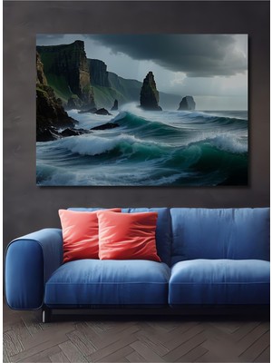 Muhteşem Fırtına Deniz Manzarası Yağlı Boya Görünümlü Dekoratif Ahşap Ev/işyeri/ofis Kare Tablo
