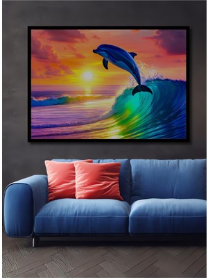 Çerçeve Görünümlü Gün Batımında Dans Eden Yunus Yağlı Boya Görünümlü Ahşap Ofis Kare Tablo