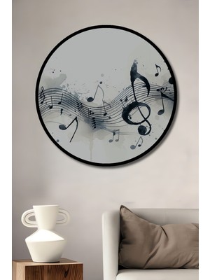Çerçeve Görünümlü Müzik Notaları Sulu Boya Görünümlü Dekoratif Ahşap Ev/işyeri/ofis Yuvarlak Tablo