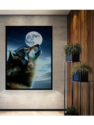 Çerçeve Görünümlü Dolunayda Uluyan Kurt Yağlı Boya Görünümlü Dekoratif Ahşap Işyeri/ofis Kare Tablo