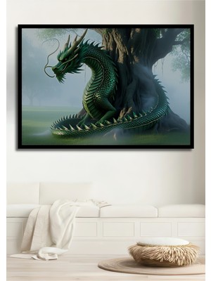 Çerçeve Görünümlü Yeşil Ejderha ve Yaşam Ağacı Yağlı Boya Görünümlü Dekoratif Ahşap Ofis Kare Tablo