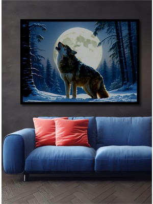 Çerçeve Görünümlü Dolunayda Uluyan Kurt Yağlı Boya Görünümlü Dekoratif Ahşap Işyeri/ofis Kare Tablo
