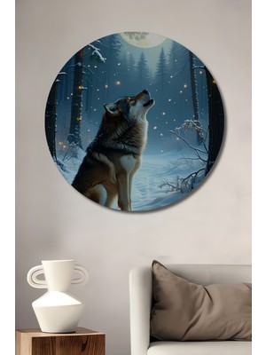 Dolunayda Uluyan Kurt Yağlı Boya Görünümlü Dekoratif Ahşap Ev/işyeri/ofis Yuvarlak Tablo