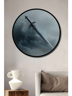 Çerçeve Görünümlü Sisler Içindeki Kılıç Yağlı Boya Görünümlü Dekoratif Ahşap Ofis Yuvarlak Tablo