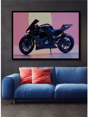 Çerçeve Görünümlü Siyah Motor Tutkusu Modern Sanat Yağlı Boya Görünümlü Ahşap Ofis Kare Tablo