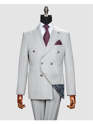 Echol Ech.2443 Kruvaze Beyaz Çizgili Takım Elbise