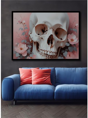 Çerçeve Görünümlü Pembe Çiçekler ve Kafatası Yağlı Boya Görünümlü Dekoratif Ahşap Ofis Kare Tablo