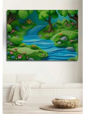 Pastel Boya Görünümlü Şelale Orman Manzarası Dekoratif Ahşap Ev/işyeri/ofis Kare Tablo