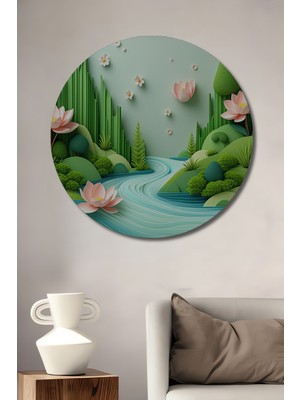 Pastel Tonlarda Lotus Çiçekleri ve Nehir Manzarası Dekoratif Ahşap Ev/işyeri/ofis Yuvarlak Tablo
