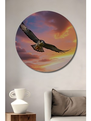 Gökyüzünde Süzülen Şahin Yağlı Boya Görünümlü Dekoratif Ahşap Ev/işyeri/ofis Yuvarlak Tablo