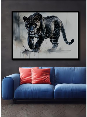 Çerçeve Görünümlü Siyah Panter Sulu Boya Görünümlü Dekoratif Ahşap Dekoratif Işyeri/ofis Kare Tablo