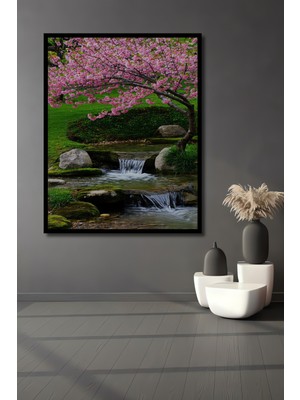 Çerçeve Görünümlü Pembe Bahar Çiçekleri Sulu Boya Görünümlü Dekoratif Ahşap Işyeri/ofis Kare Tablo