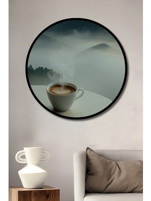 Çerçeve Görünümlü Sisli Dağlar Kahve Keyfi Yağlı Boya Görünümlü Dekoratif Ahşap Ofis Yuvarlak Tablo
