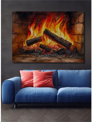 Sulu Boya Görünümlü Şömine Ateşi Dekoratif Ahşap Ev/işyeri/ofis Kare Tablo