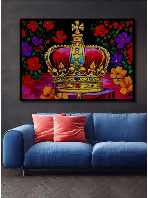 Çerçeve Görünümlü Kraliyet Tacı Çiçek Bahçesi Yağlı Boya Görünümlü Dekoratif Ahşap Ofis Kare Tablo