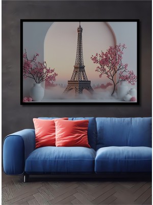 Çerçeve Görünümlü Eiffel Kulesi Kiraz Çiçekleri Rüya Dekoratif Ahşap Ev/işyeri/ofis Kare Tablo