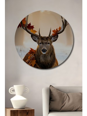 Sonbahar Yaprakları Taçlı Geyik Yağlı Boya Görünümlü Dekoratif Ahşap Ev/işyeri/ofis Yuvarlak Tablo