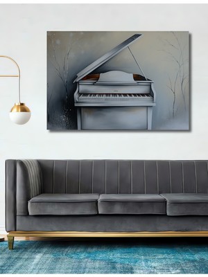 Beyaz Piyano Kış Rüyası Yağlı Boya Görünümlü Dekoratif Ahşap Ev/işyeri/ofis Kare Tablo