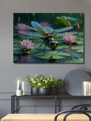 Sulu Boya Görünümlü Nilüfer Çiçeği ve Işıltılı Yusufçuk Dekoratif Ahşap Ev/işyeri/ofis Kare Tablo