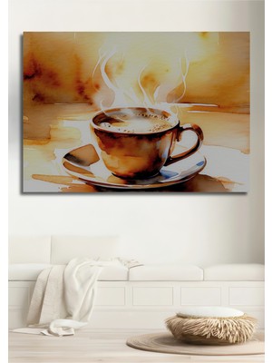 Buharlı Kahve Keyfi Sulu Boya Görünümlü Dekoratif Ahşap Ev/işyeri/ofis Kare Tablo