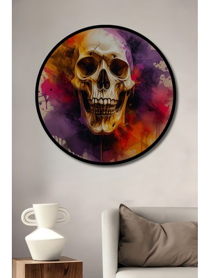 Çerçeve Görünümlü Altın Kafatası Sulu Boya Görünümlü Modern Sanat Ahşap Ofis Yuvarlak Tablo